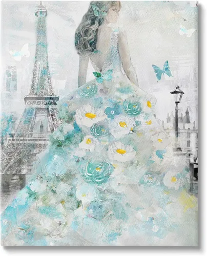 Vista 8 de Stupell Industries Mujer parisina con mariposa y vestido floral azul pintura placa de pared, 10 x 15, diseño por artista Main Line Art & Design