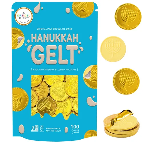 Vista 6 de The Dreidel Company Monedas de chocolate con leche blanca, paquete de 200 monedas de papel de aluminio dorado con diseño de Hanukkah Gelt, Menorá