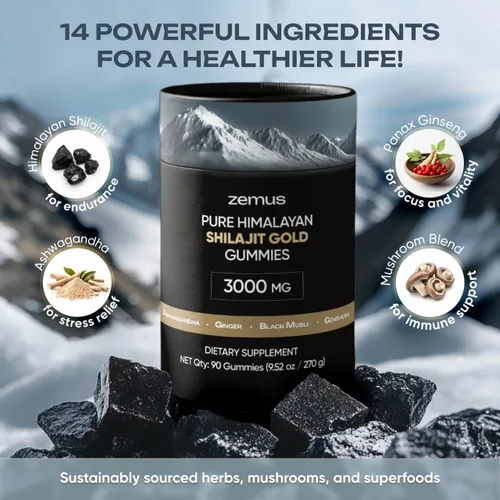 Vista 4 de Zemus Gomitas Shilajit puras del Himalaya I Lab Probadas I Mezcla sinérgica de Ashwagandha y complejo de 5 hongos Ácido fúlvico y 85+, minerales
