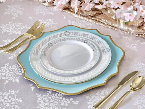 Vista 4 de OccasionS " 40 piezas redondas de 13 pulgadas de plástico acrílico cargadores de boda, decoración de cena y cena (turquesa a la llamada)