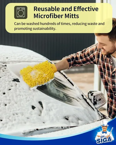Vista 3 de MR.SIGA Manoplas de microfibra suave de chenilla para lavado de coche, paquete de 2, azul y amarillo