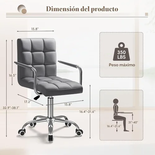 Vista 3 de Furmax silla de oficina con respaldo medio de piel sintética, silla ejecutiva moderna, ajustable, silla de escritorio para el hogar, silla de Gris