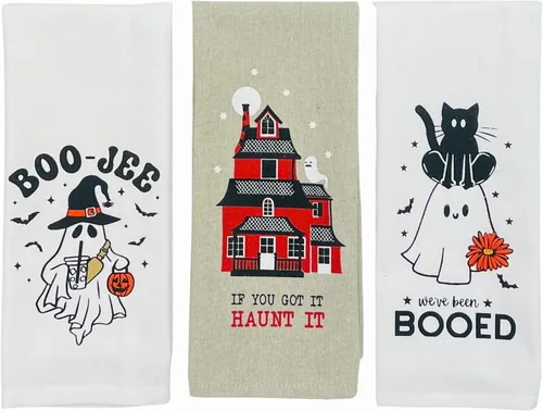 Vista 11 de Haunted - Juego de toallas de mano de cocina de Halloween: Jack O' Lantern Orange Terry Loop, lazo de rizo de punto blanco elevado, diseños