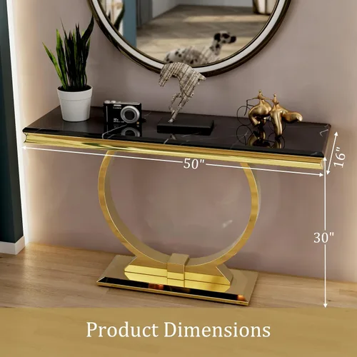 Vista 2 de ACEDÉCOR Mesa consola dorada, mesa de entrada de mármol sintético negro de lujo de 50 pulgadas con base de acero inoxidable en forma de U dorada