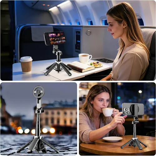 Vista 6 de Trípode magnético multifuncional 4 en 1, palo selfie portátil para iPhone y Android con control remoto desmontable y anillo de metal, trípode