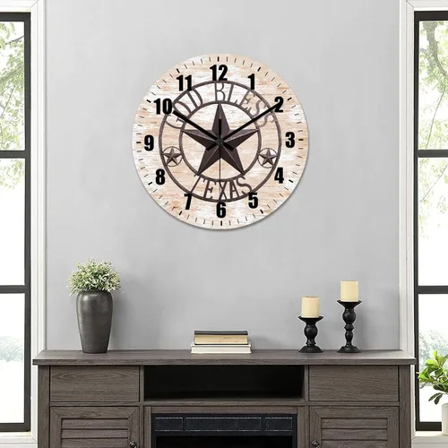 Vista 5 de Reloj de pared antiguo con estrella del oeste de Texas vintage, reloj de madera sin tictac, silencioso, funciona con pilas, fácil de leer, elegante
