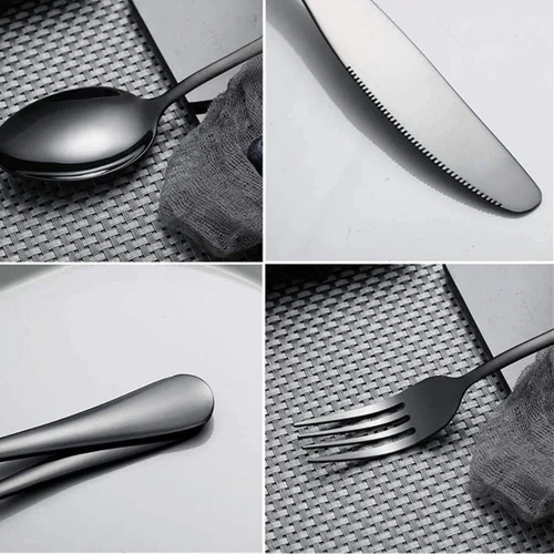Vista 5 de Juego de cubiertos negros para 12 cubiertos de acero inoxidable, 60 piezas, cuchara, tenedor, cuchillo, utensilios de cocina, mango redondo ancho