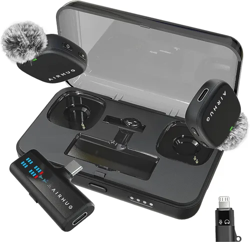 Vista 10 de AIRHUG Micrófono Lavalier inalámbrico para iPhone/Android/PC, batería de 60 horas, 48 KHz 24 bits, relámpago Plug-Play/USB-C, 3 modos de grabación