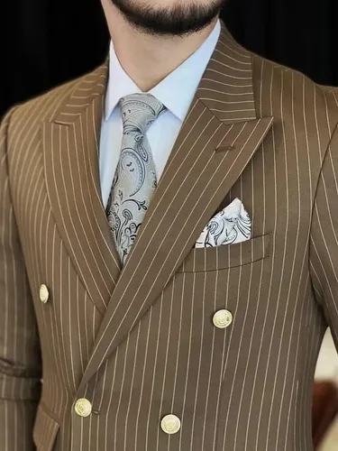 Vista 4 de Traje de rayas para hombre, ajuste delgado, 2 piezas, doble botonadura para boda, Halloween, Navidad, graduación, blazer y pantalones dorados