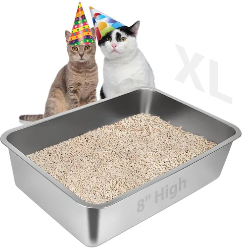 Vista 14 de Caja de arena para gatos de acero inoxidable, bandeja de arena de metal cubierta, bandejas de arena para gatos con lados altos, caja de arena