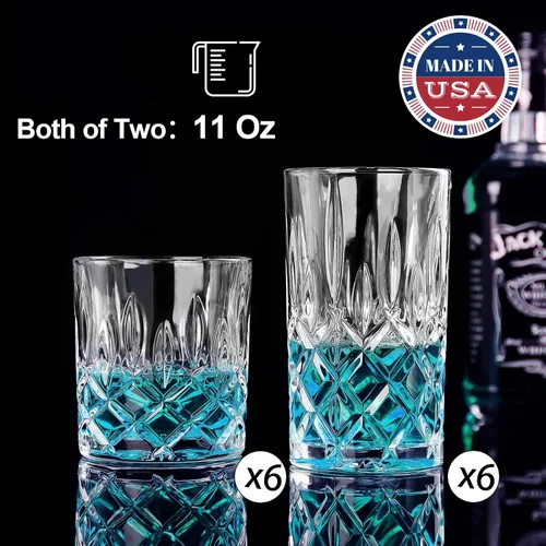 Vista 2 de Vasos para Beber, Juego de 12 Piezas de Copas de Cristal, Juego de Cristalería Mixta, 6 piezas de Vasos Old Fashioned de Cristal de 11oz y 6 piezas
