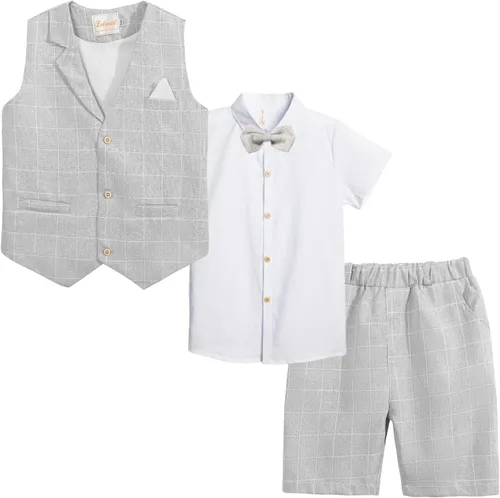 Vista 2 de Traje de verano para niños, ropa de vestir para niños, traje de portador de anillo de boda, 4 piezas, camisa, chaleco y pantalones cortos