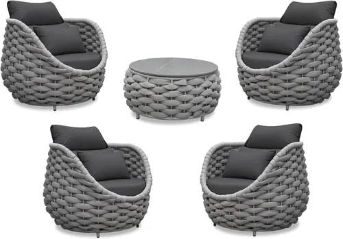 Vista 31 de Juego de muebles de patio de aluminio de 3 piezas: cuerda tejida a mano para conversación al aire libre, juego de 2 cojines modernos montados, juego