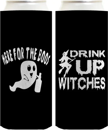 Vista 20 de Decoración espeluznante de Halloween Bebe brujas aquí para los abucheos 2 caras Paquete de 2 termoenfriadores ultra delgados para latas