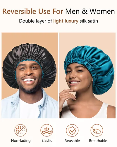Vista 4 de mikimini Gorro de satén para hombres y mujeres, gorro de dormir reversible de doble capa para trenzas de cabello con banda elástica ajustable