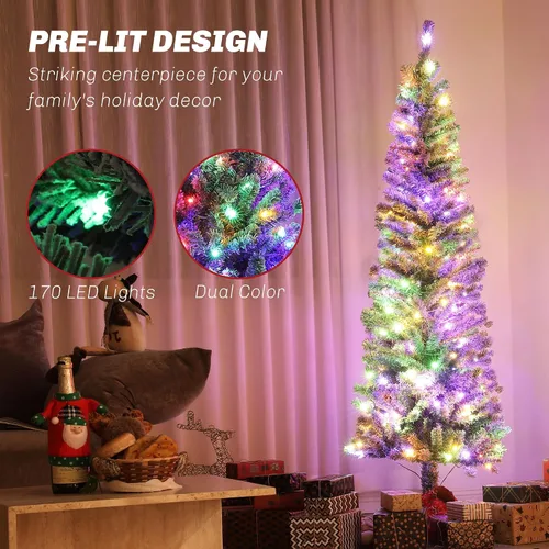 Vista 3 de HOMCOM Árbol de Navidad de Lápiz artificial preiluminado de 6 pies, árbol de Navidad artificial con 170 luces LED de doble color y 429 puntas