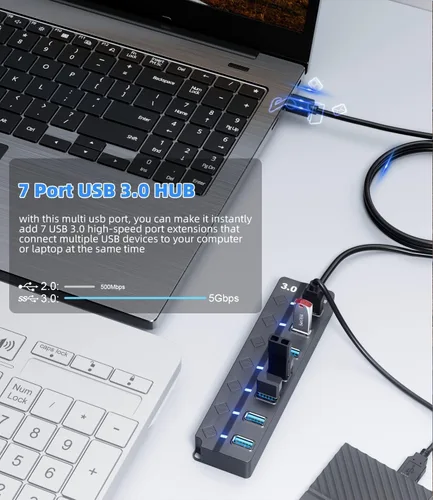 Vista 5 de Concentrador USB para laptop, divisor de concentrador USB 3.0 de 7 puertos SNLLMZI con interruptores y luces individuales de encendido/apagado