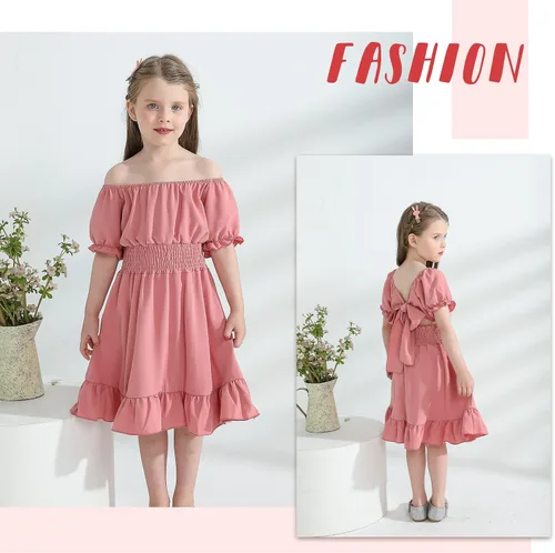 Vista 4 de YOUNGER TREE Vestido de fiesta para niña pequeña, con lazo en la espalda, manga corta, volantes, hombros descubiertos, vestido de fiesta casual