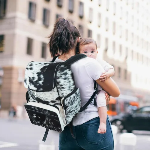 Vista 2 de LP-FACON Mochila de cuero de vaca occidental Mochila para niño Regalos de ducha para nueva mamá Bolsa de papá en blanco y negro