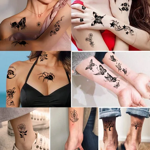 Vista 4 de Yazhiji - Tatuajes temporales impermeables – 60 hojas, pequeña colección de tatuajes falsos, flores, coronas, estrellas, animales, mariposas