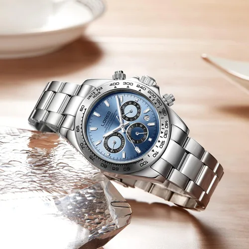 Vista 3 de LOREO Reloj automático para hombre de acero inoxidable plateado bisel de cerámica fecha militar buceo impermeable para hombre