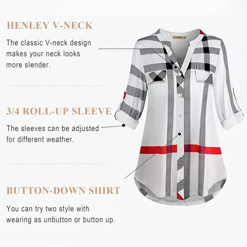 Vista 5 de Miusey Henley - Blusa con cuello en V 34, manga enrollable, con botones