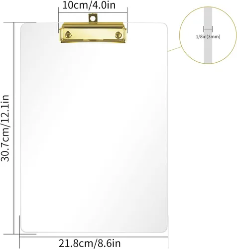 Vista 2 de Moocci Portapapeles transparentes de acrílico grueso, bonito portapapeles transparente con clip dorado fuerte agujero oculto para colgar papel A4