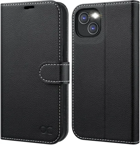 Vista 10 de OCASE Funda tipo cartera compatible con iPhone 13, de piel sintética con tapa tipo folio, con tarjetero, bloqueo RFID, soporte