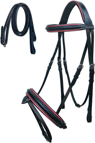 Vista 2 de CHALLENGER Horse English All-Purpose Trail Black Leather Padded Bridle Reins Flash 803AX09