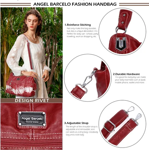 Vista 251 de Angel Barcelo - Bolsa de hombro amplia para mujer, diseño Hobo, cuero lavado