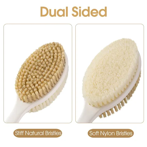 Vista 3 de Cepillo de espalda antideslizante con mango largo para ducha, cepillo de espalda de doble cara con cerdas rígidas y suaves, exfoliante corporal