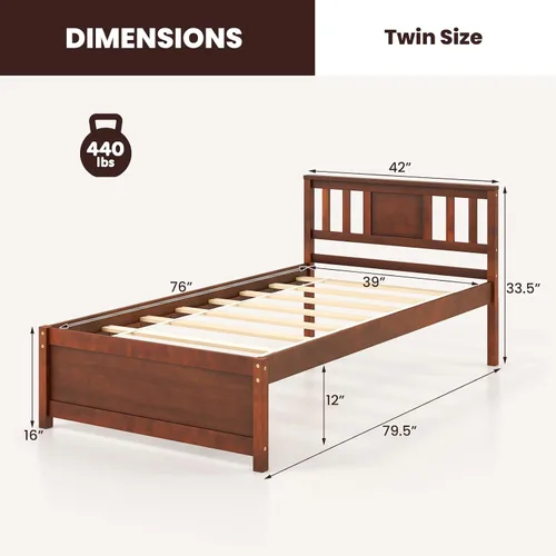 Vista 2 de Giantex Marco de cama individual con cabecero, cama de plataforma de madera maciza de mediados de siglo, cama de panel individual con soporte