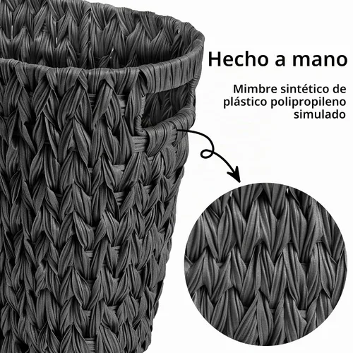 Vista 4 de GRANNY SAYS Cesta de basura de mimbre, papelera impermeable para baño, cestas de basura decorativas boho con asas, papelera para dormitorio Negro