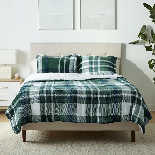 Vista 29 de Amazon Basics - Juego de ropa de cama de 3 piezas, Micromink Sherpa, ultrasuave, edredón cálido para todas las estaciones, tamaño Full/Queen, negro