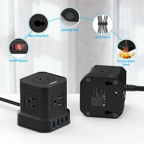 Vista 8 de Regleta de alimentación con USB-C (3.0A), protector de sobretensiones TOPREK (700J), cable de extensión de 10 pies con 5 CA y 4 USB, enchufe plano