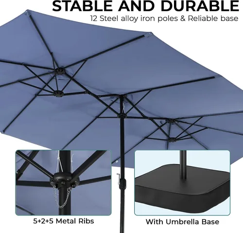 Vista 46 de Sombrilla de doble cara para patio de 15 x 9 pies con base y manivela, sombrilla rectangular extragrande para patio, césped y jardín, beige