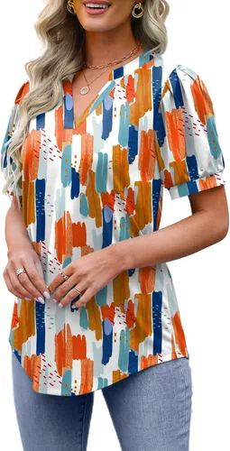 Vista 4 de OFEEFAN Blusas plisadas de manga abombada para mujer, cuello en V, holgadas, elegantes, casuales, S-3XL