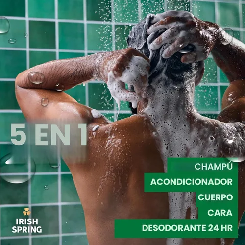 Vista 3 de Irish Spring Gel de Ducha 5 en 1 para Hombres, Gel de Ducha para Hombres, Te Mantiene Fresco y Limpio por 24 Horas, Acondiciona y Limpia Cuerpo