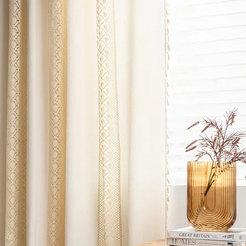 Vista 2 de Deeprove - Cortinas bohemias de 63 pulgadas de largo para dormitorio, rayas de lunares de punto hueco beige y patchwork de algodón y lino crema