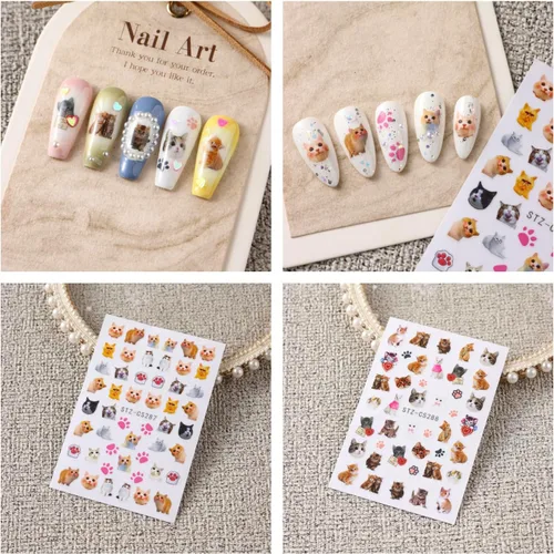 Vista 6 de 6 hojas de calcomanías de arte de uñas de animales autoadhesivas 3D, diseño de letras de gato, divertidas calcomanías de uñas para primavera