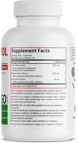 Vista 2 de Bronson Resveratrol 500 Complejo Estandarizado Trans-Resveratrol + Extracto de Semilla de Uva y Vino Tinto, 60 Cápsulas