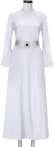 Vista 4 de NIHONCOS Disfraz de Halloween para mujer, vestido largo medieval blanco, conjunto completo con cinturón, accesorios de fiesta de cosplay