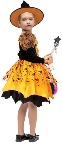 Vista 3 de NA Disfraz de bruja iluminada para niñas conjunto de vestido elegante para niños color amarillo 3-4T