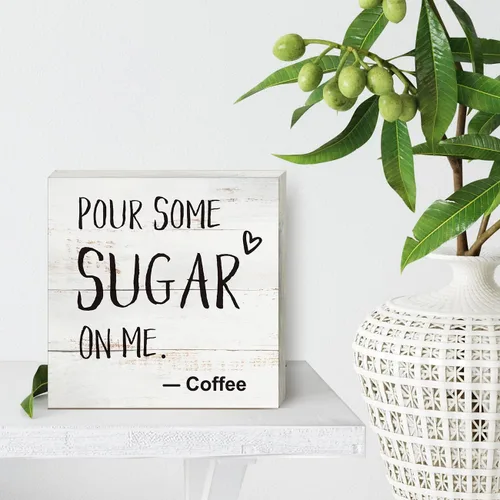 Vista 4 de Letrero de café en madera para caja de cocina y decoración del hogar, placa de madera rústica y divertida con la frase en inglés "pour some sugar on