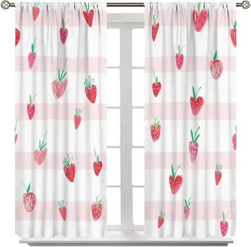 Vista 8 de Cortinas bohemias con diseño de fresas, bonitas cortinas bohemias con bolsillo para barra de fruta, tratamiento de ventana para cocina, sala