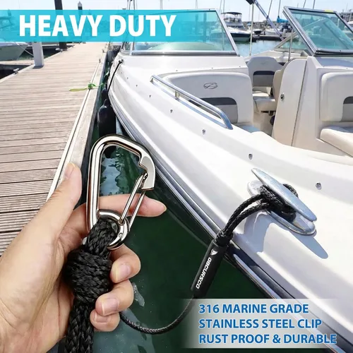 Vista 4 de Obcursco Líneas de muelle elásticas para barco, cuerda de amarre con clips de acero inoxidable 316, accesorios para moto acuática, PWC, SeaDoo