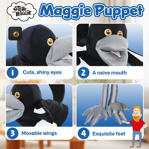 Vista 2 de Steve and Maggie Juguete de peluche – Marioneta de mano de Maggie Urraca para niños mayores de 1 año, marioneta de pájaro suave para juego