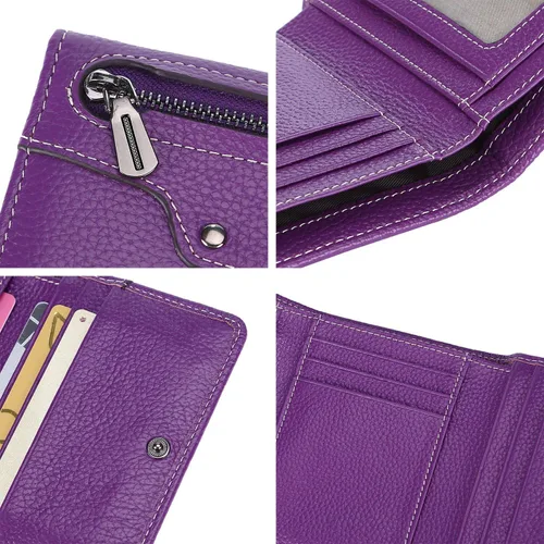 Vista 7 de AINIMOER Cartera pequeña de piel para mujer, delgada, compacta, con bloqueo RFID, con bolsillo para monedas, Lichee - Bloqueo Rfid morado.