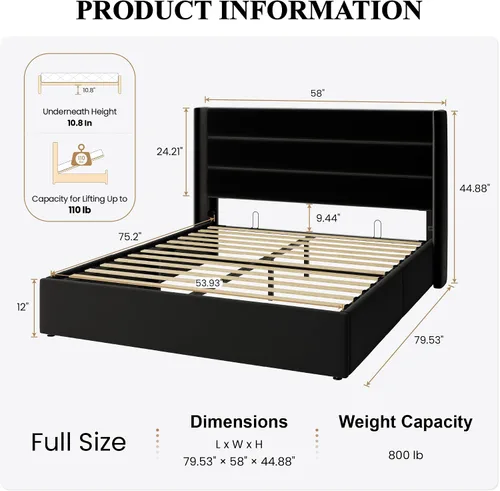 Vista 2 de SHA CERLIN Cama de Almacenamiento Elevable Tamaño Completo/Tapizada en Terciopelo/Cabecera Moderna Wingback/Marco de Cama Plataforma Negro