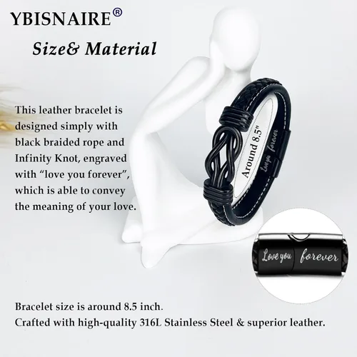 Vista 5 de Gifts for Men Infinity Leather Bracelet for Dad New Daddy Husband Boyfriend Son Grandson Brother Nephew Uncle Black Braided Engraved Leather Jewelry